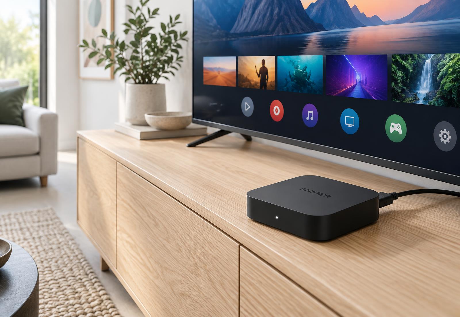 SniperTVBox aangesloten op een moderne televisie