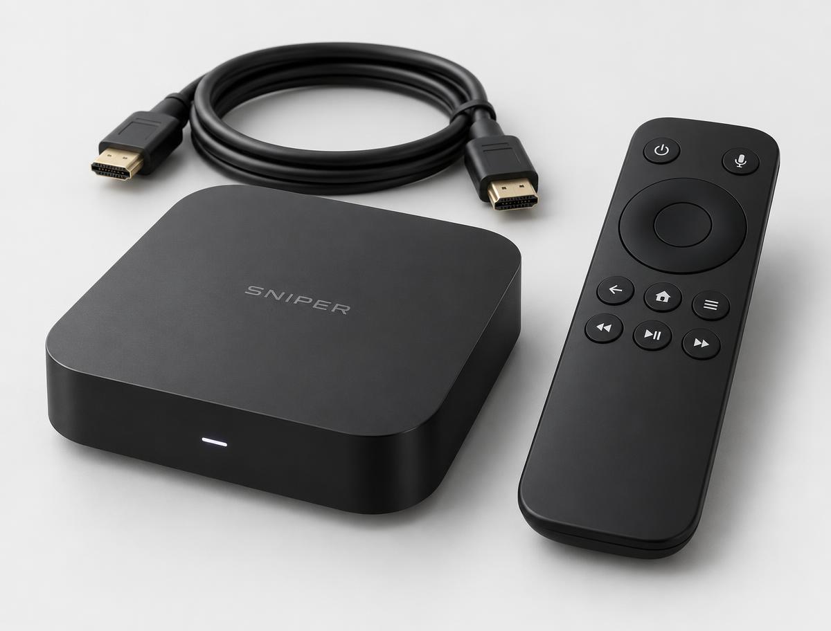 SniperTVBox met afstandsbediening en HDMI-kabel